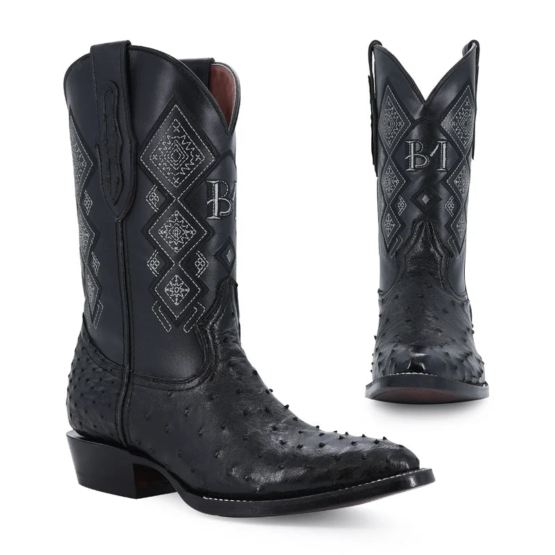 Bota Vaquera Oval Avestruz Negro